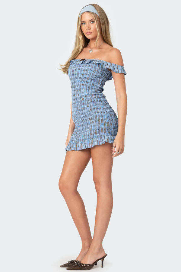 Edikted Off Shoulder Scrunched Plaid Mini Dress Blue