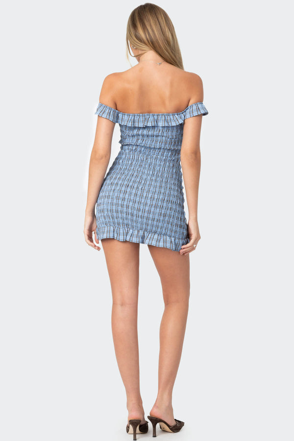 Edikted Off Shoulder Scrunched Plaid Mini Dress Blue