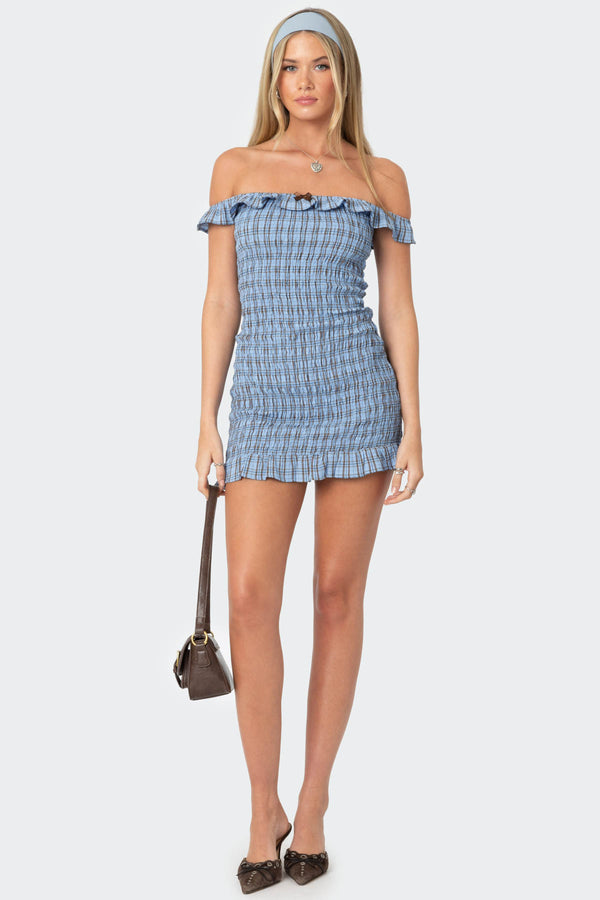 edikted Off Shoulder Scrunched Plaid Mini Dress blue