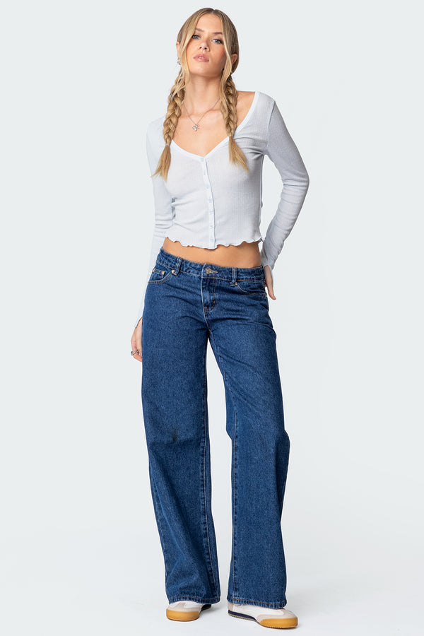 Edikted Ollie Button Front Pointelle Top Light Blue