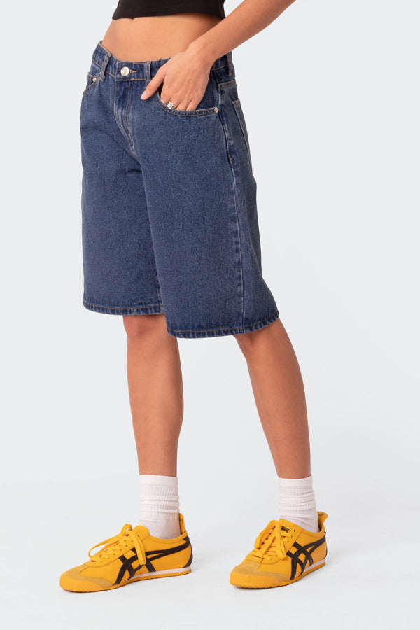 Edikted Oversized Low Rise Denim Bermuda Shorts Blue