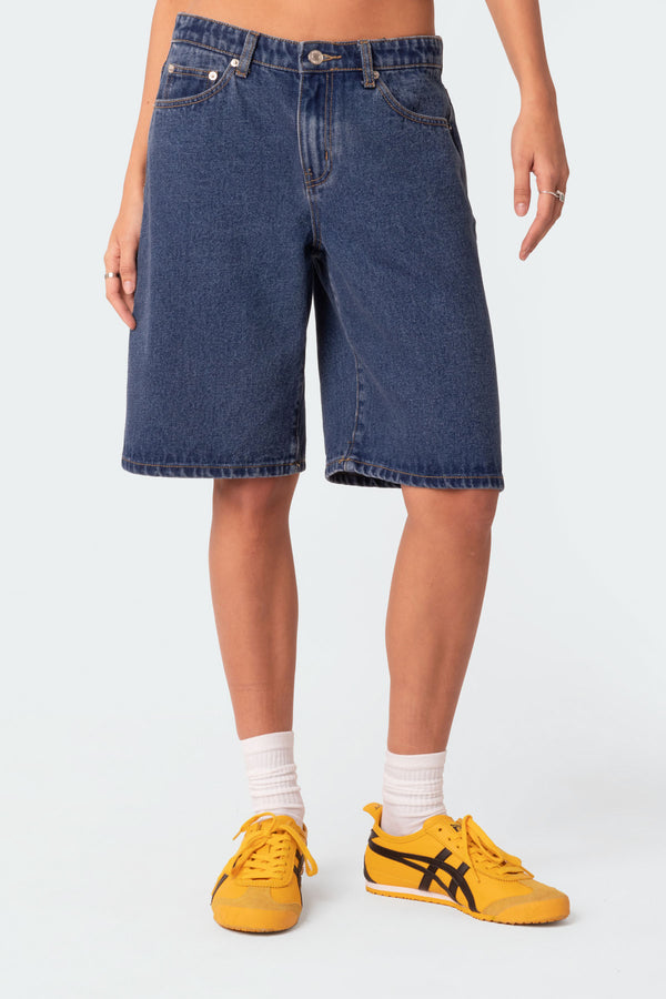 Edikted Oversized Low Rise Denim Bermuda Shorts Blue
