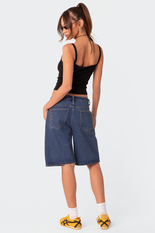Edikted Oversized Low Rise Denim Bermuda Shorts Blue