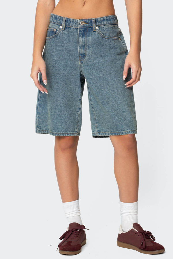 Edikted Oversized Low Rise Denim Bermuda Shorts Blue Washed