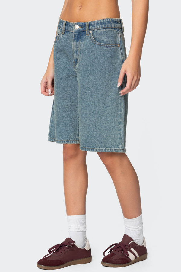 Edikted Oversized Low Rise Denim Bermuda Shorts Blue Washed