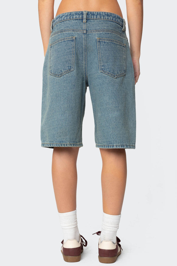 Edikted Oversized Low Rise Denim Bermuda Shorts Blue Washed