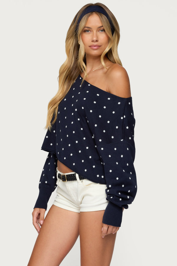 Edikted Oversized Off Shoulder Polka Dot Sweater Navy