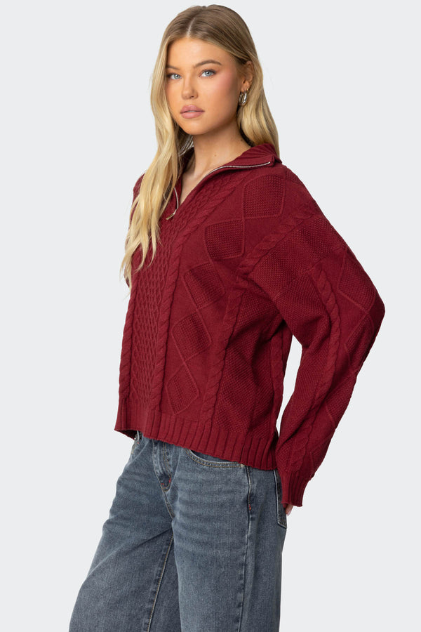 Edikted Oversized Quarter Zip Cable Knit Sweater Burgundy