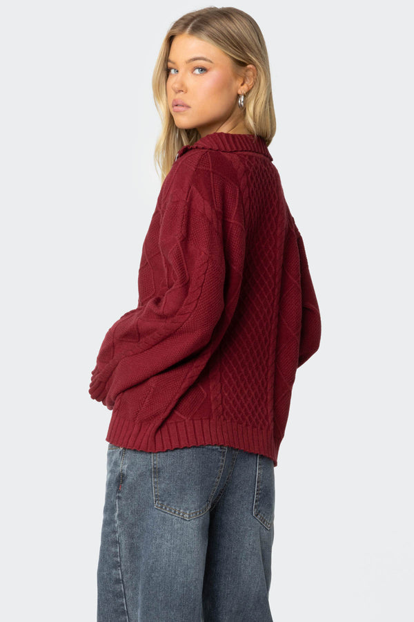 Edikted Oversized Quarter Zip Cable Knit Sweater Burgundy