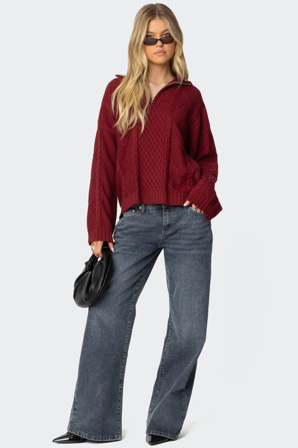 Edikted Oversized Quarter Zip Cable Knit Sweater Burgundy