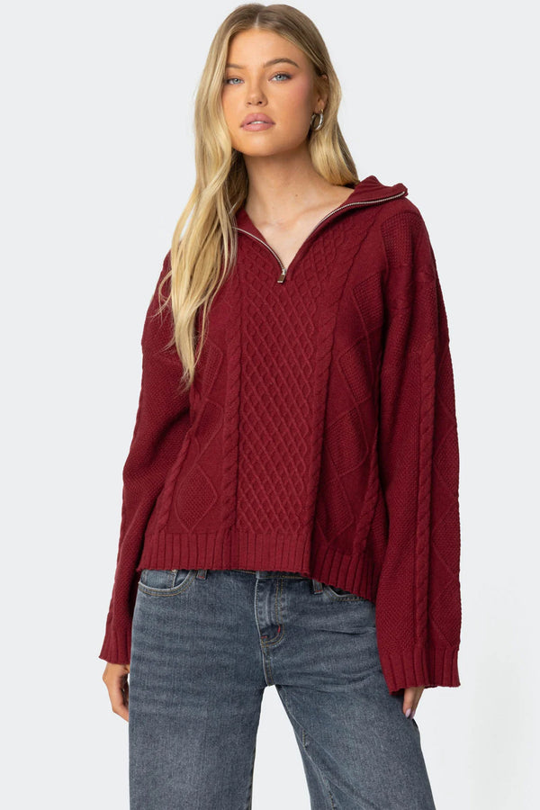 edikted Oversized Quarter Zip Cable Knit Sweater burgundy
