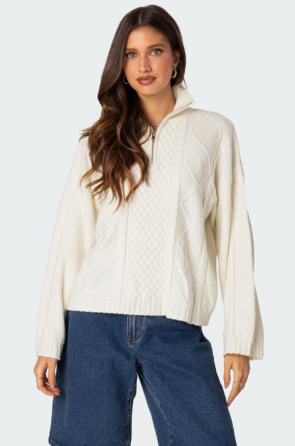 Edikted Oversized Quarter Zip Cable Knit Sweater Cream