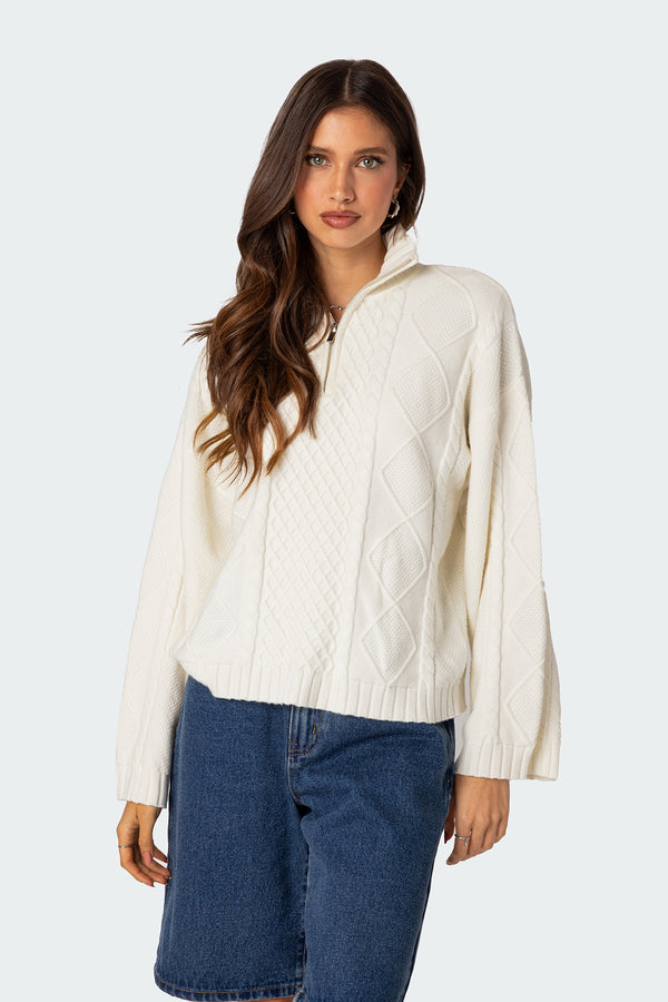 Edikted Oversized Quarter Zip Cable Knit Sweater Cream