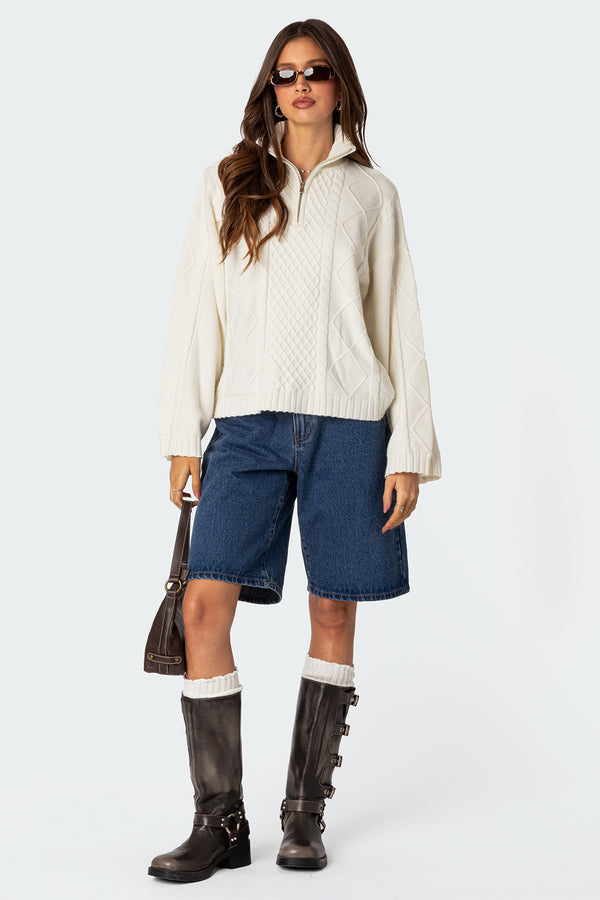 edikted Oversized Quarter Zip Cable Knit Sweater cream