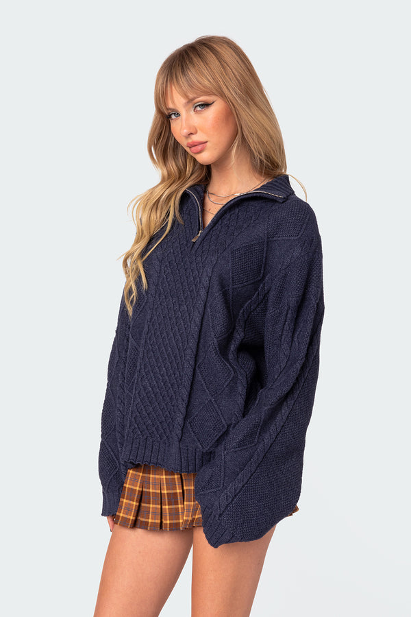 Edikted Oversized Quarter Zip Cable Knit Sweater Navy