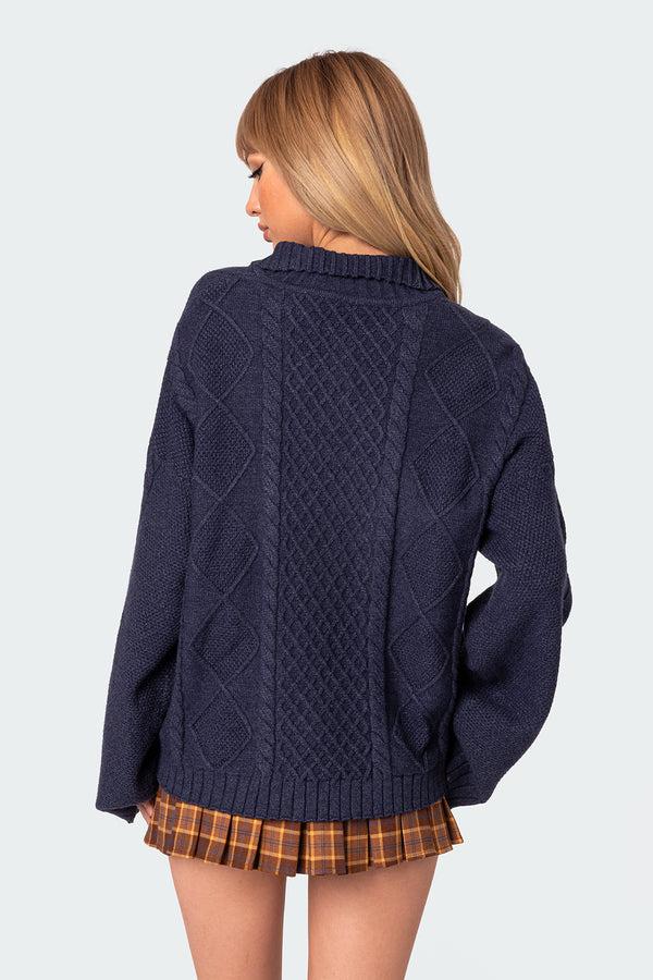 Edikted Oversized Quarter Zip Cable Knit Sweater Navy
