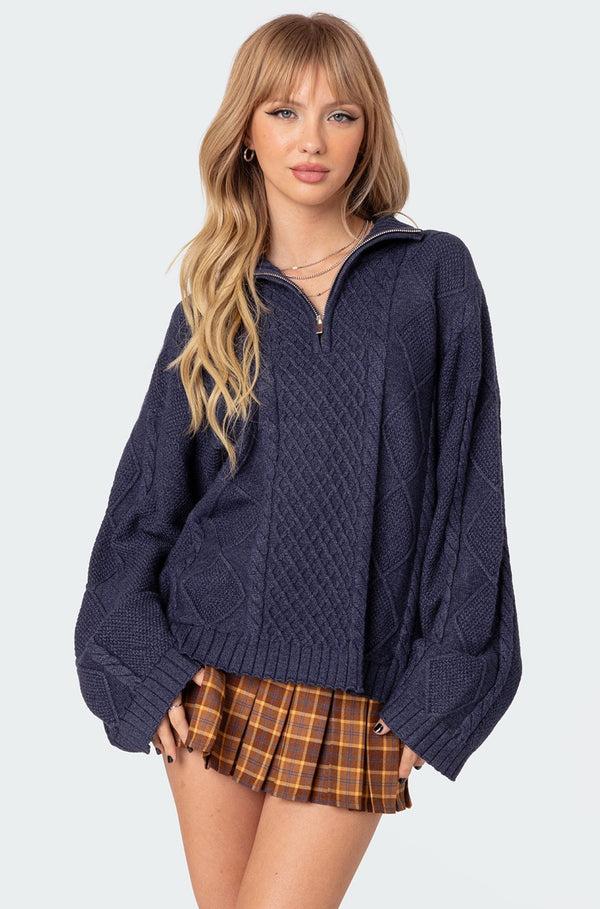 edikted Oversized Quarter Zip Cable Knit Sweater navy