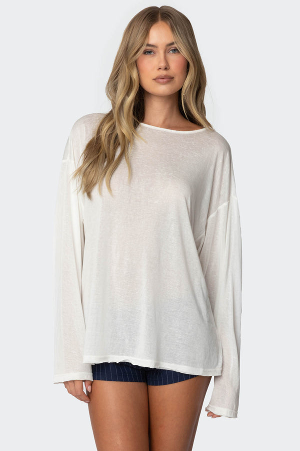Edikted Oversized Semi Sheer Long Sleeve T Shirt White