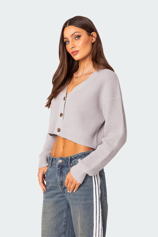Edikted Oversized Waffle Knit Cropped Cardigan Gray