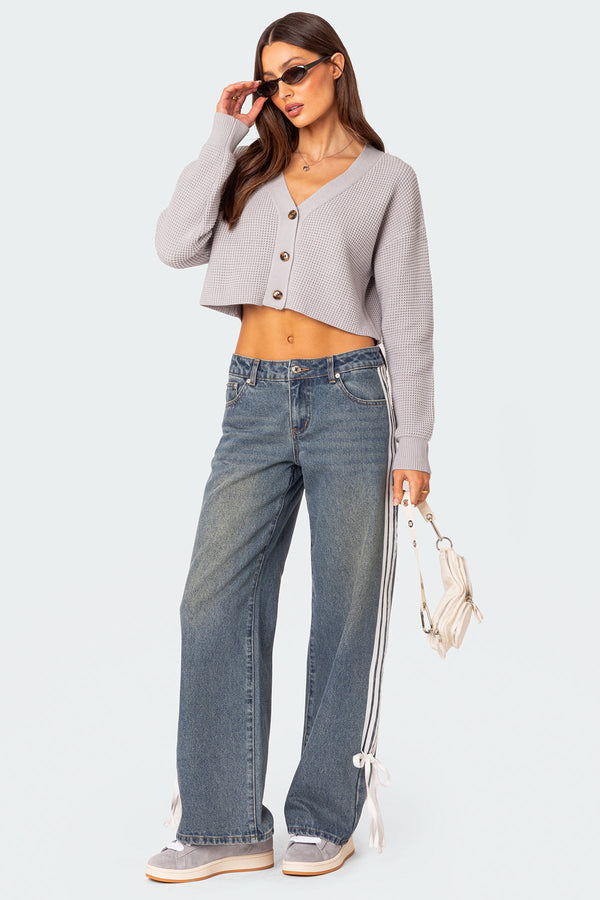 Edikted Oversized Waffle Knit Cropped Cardigan Gray