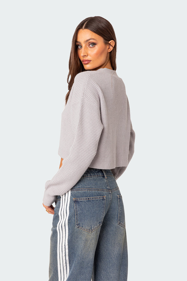 Edikted Oversized Waffle Knit Cropped Cardigan Gray