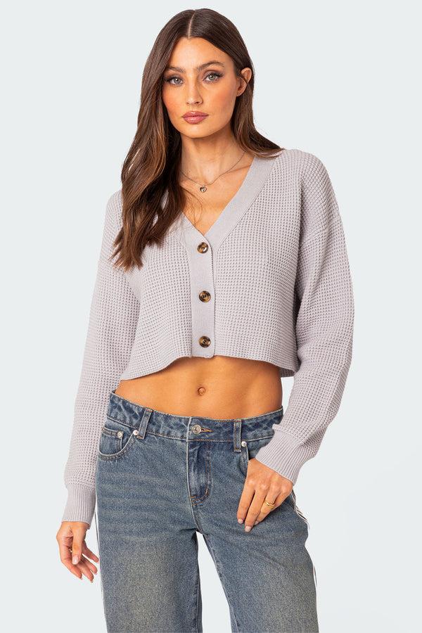 edikted Oversized Waffle Knit Cropped Cardigan gray