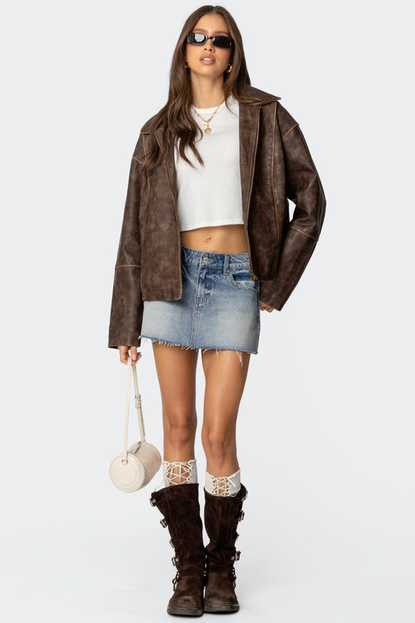 Edikted Oversized Washed Faux Leather Jacket Brown Washed