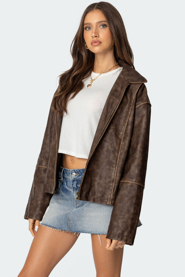 Edikted Oversized Washed Faux Leather Jacket Brown Washed