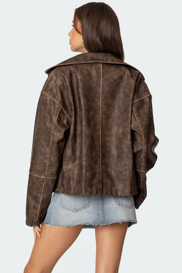 Edikted Oversized Washed Faux Leather Jacket Brown Washed