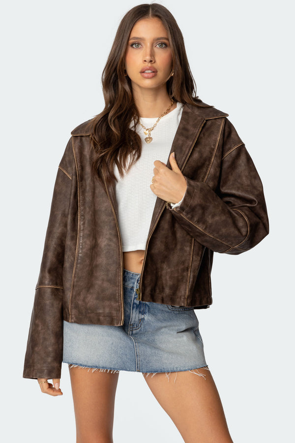 edikted Oversized Washed Faux Leather Jacket brown washed