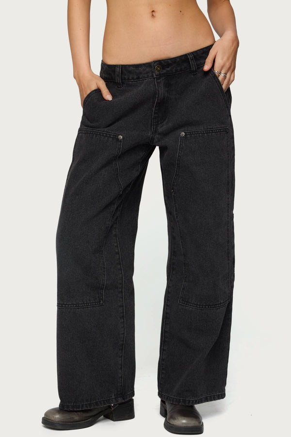Edikted Petite Ayla Low Rise Carpenter Jeans Black Washed