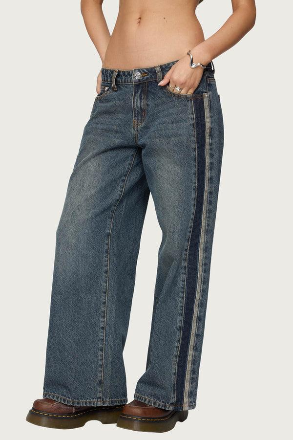 Edikted Petite Contrast Panel Low Rise Jeans Dark Blue