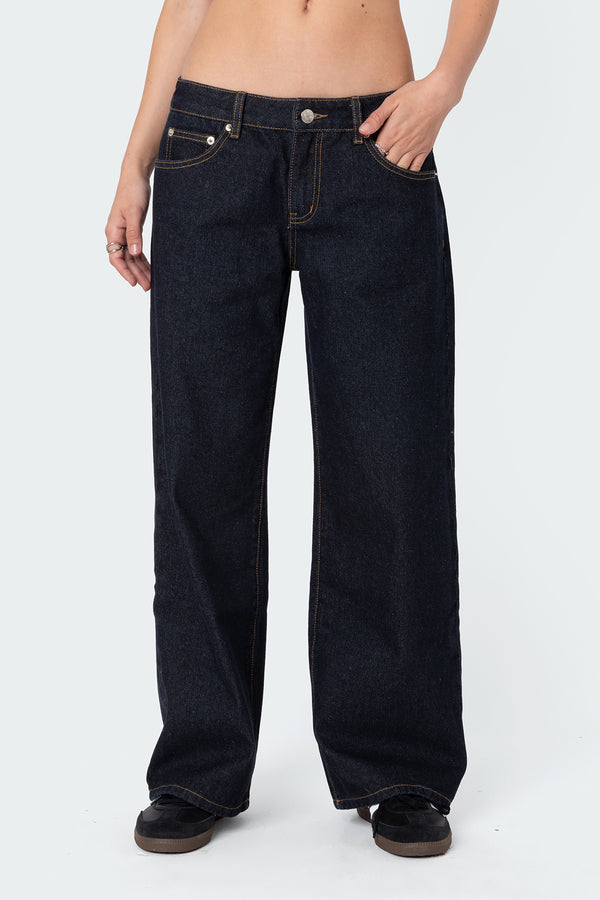 Edikted Petite Raelynn Washed Low Rise Jeans Indigo Blue Raw Washed