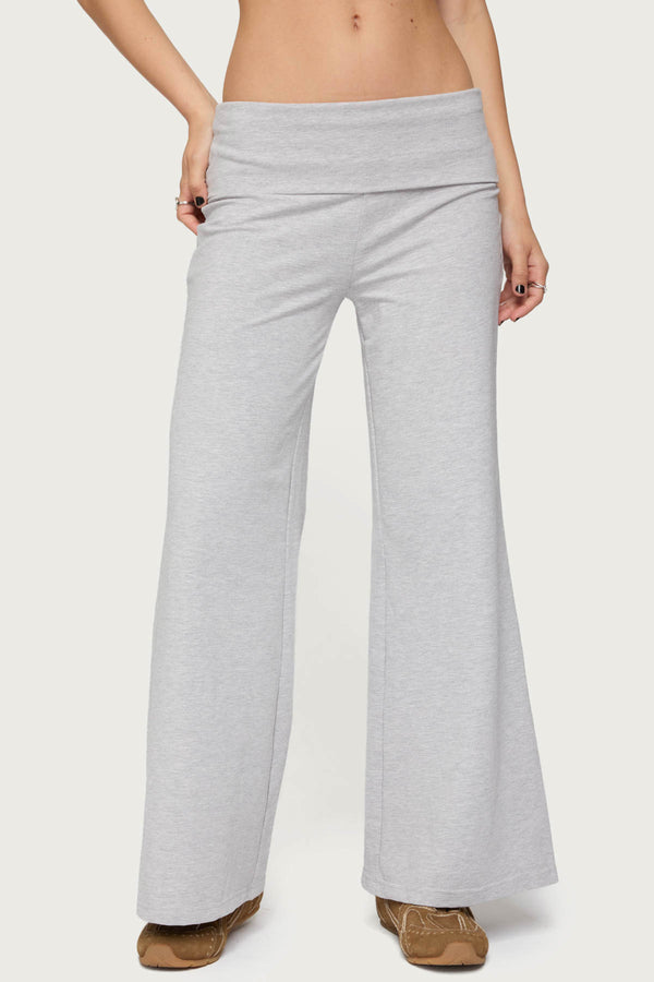 Edikted Petite Wide Leg Fold Over Pants Light Gray Melange