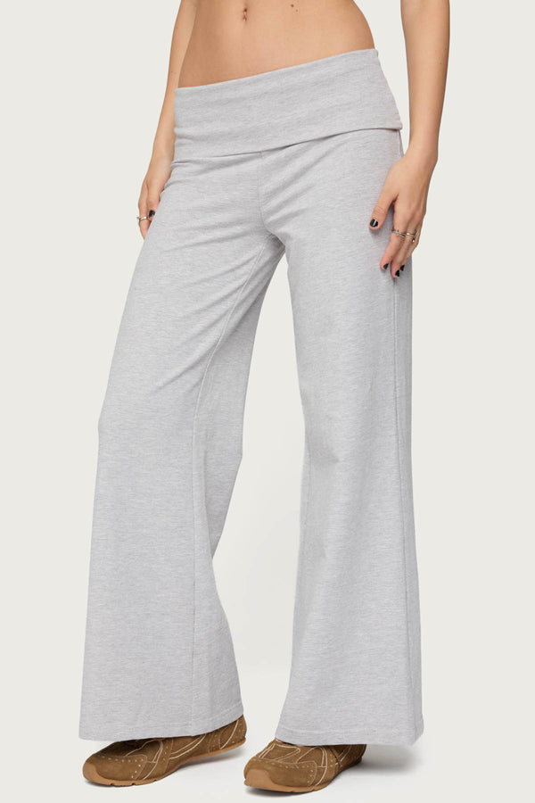 Edikted Petite Wide Leg Fold Over Pants Light Gray Melange