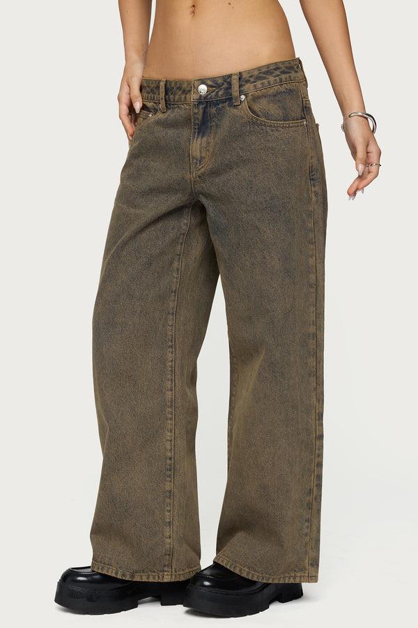 Edikted Petite Zahra Mud Wash Low Rise Jeans Brown Washed