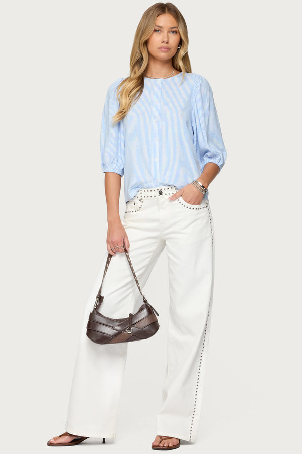 Edikted Pinstripe Linen Look Button Up Shirt Light Blue