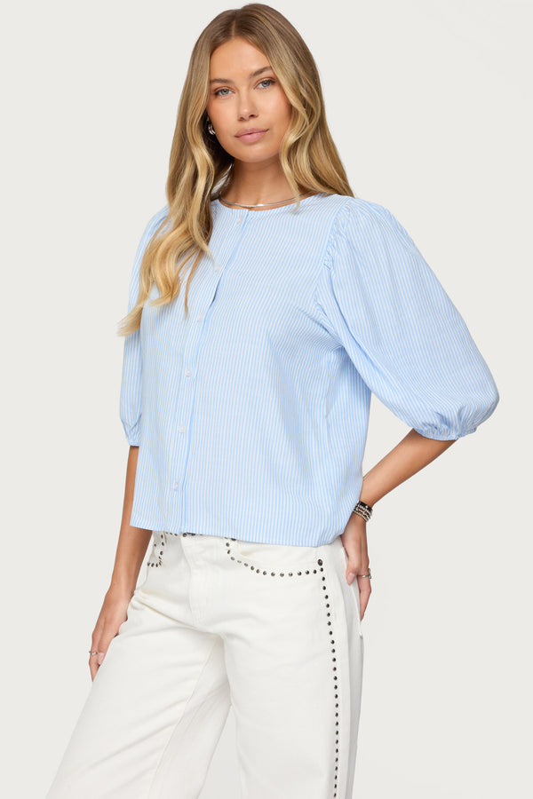 Edikted Pinstripe Linen Look Button Up Shirt Light Blue