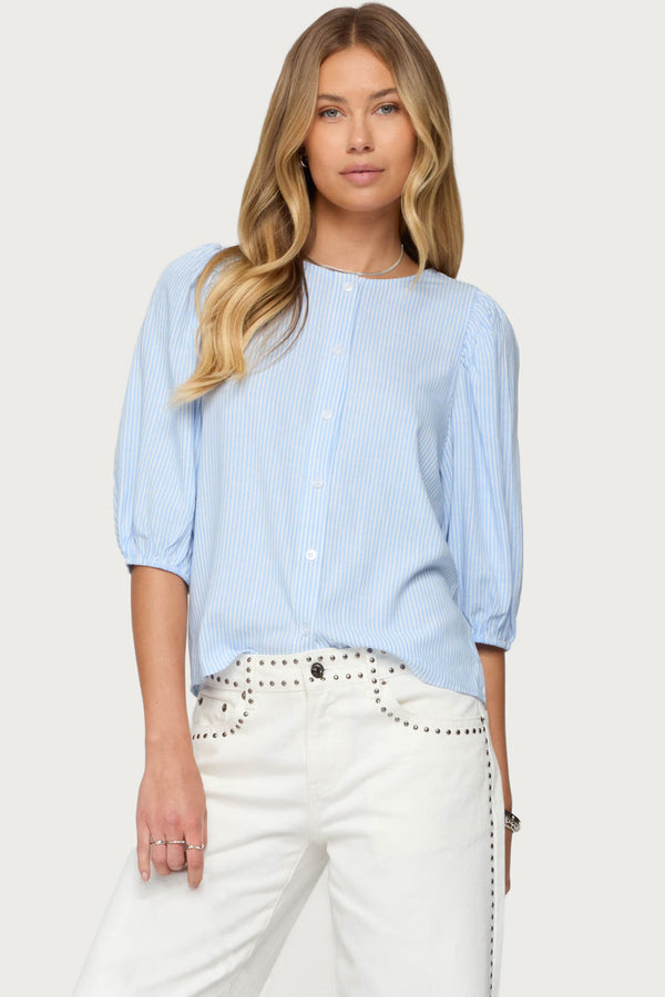 edikted Pinstripe Linen Look Button Up Shirt light blue