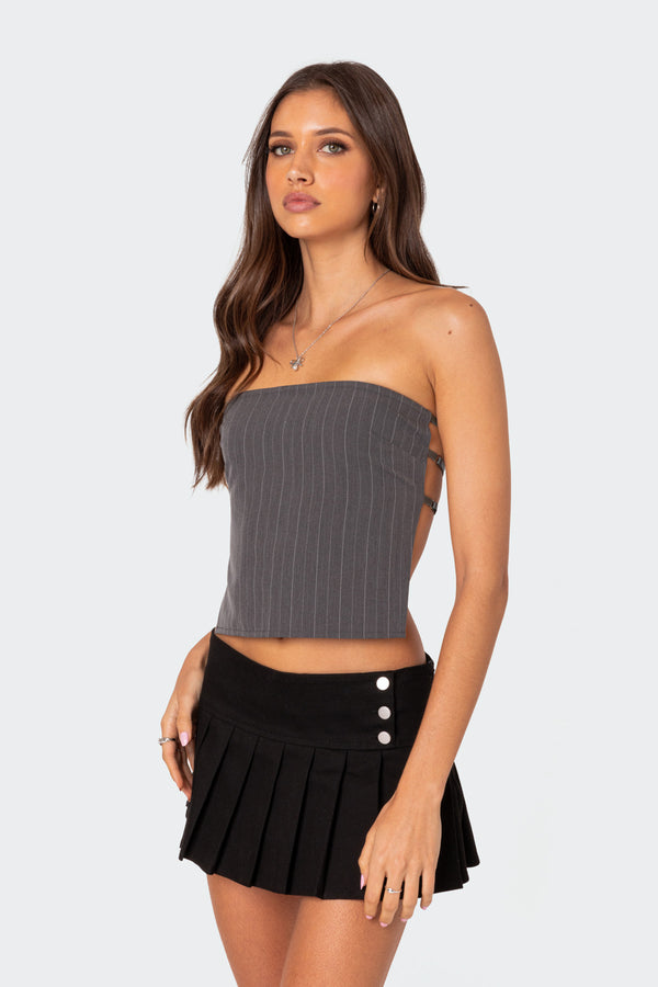 Edikted Pinstripe Open Back Strapless Top Gray And White