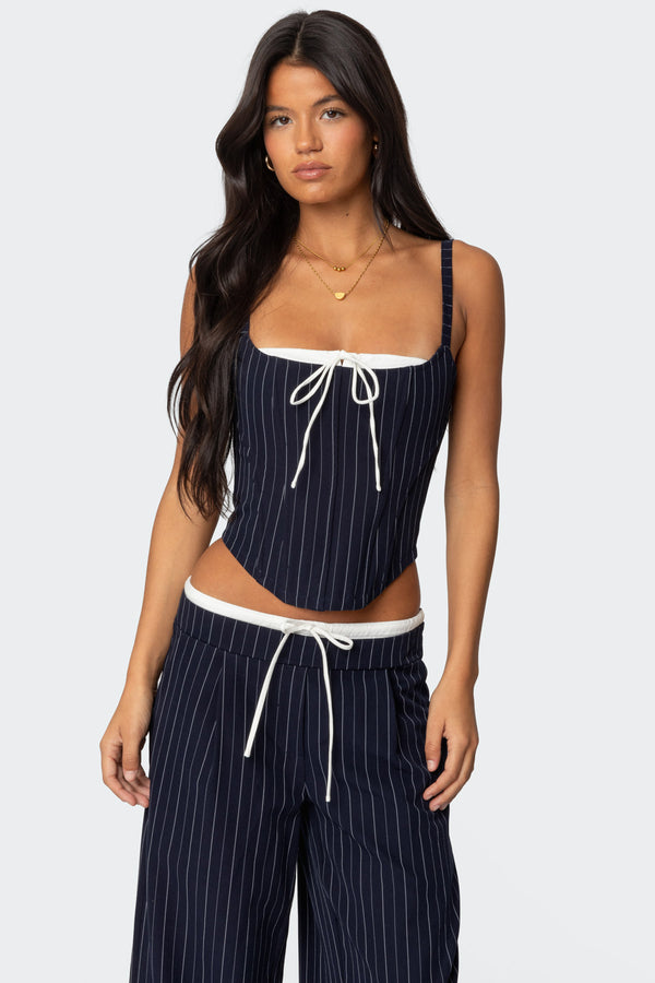 edikted Pinstripe Peekaboo Drawstring Corset navy and white