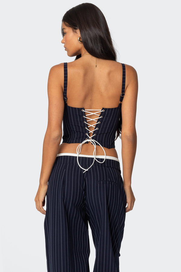 Edikted Pinstripe Peekaboo Drawstring Corset Navy And White