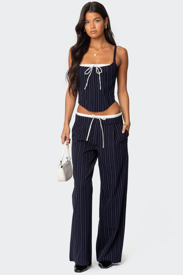 edikted Pinstripe Peekaboo Drawstring Pants navy and white