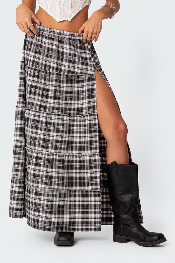 Edikted Plaid Side Slit Tiered Maxi Skirt Black And White