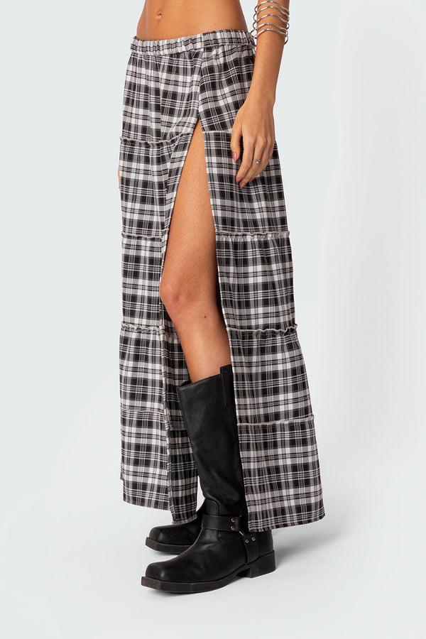 Edikted Plaid Side Slit Tiered Maxi Skirt Black And White