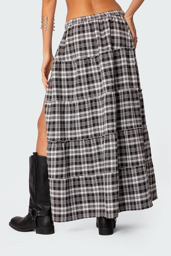 Edikted Plaid Side Slit Tiered Maxi Skirt Black And White