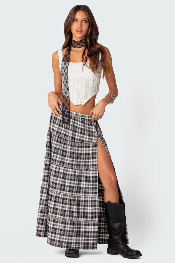edikted Plaid Side Slit Tiered Maxi Skirt black and white