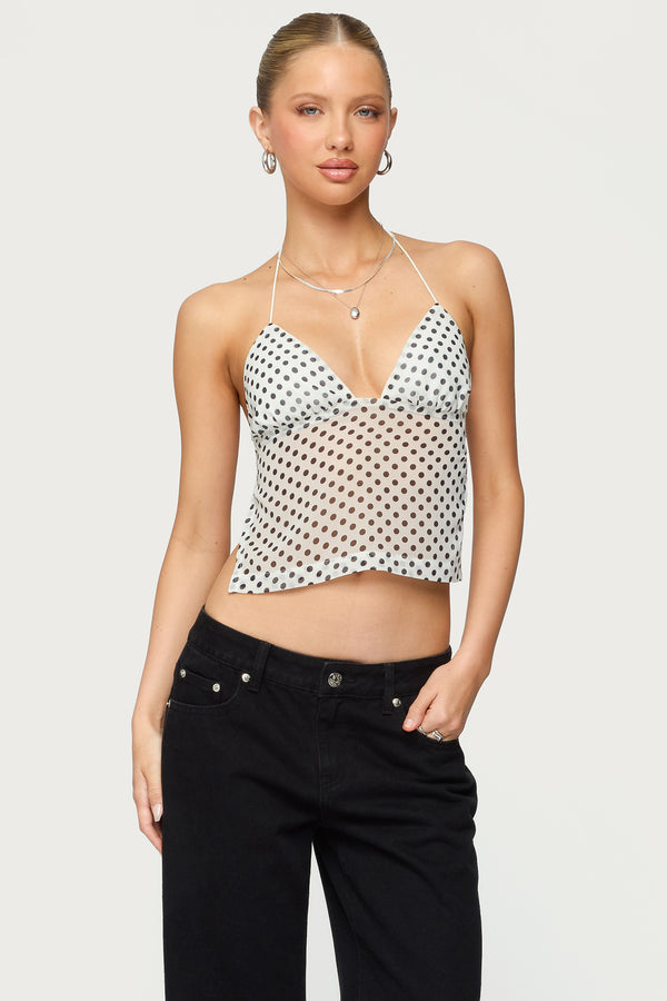 edikted Polka Dot Backless Chiffon Top cream and black