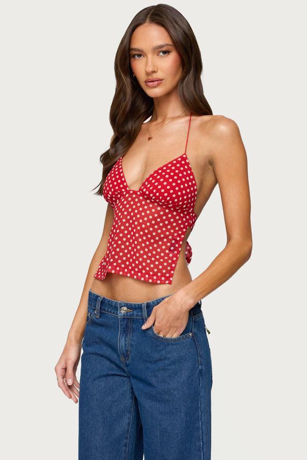 Edikted Polka Dot Backless Chiffon Top Red And White