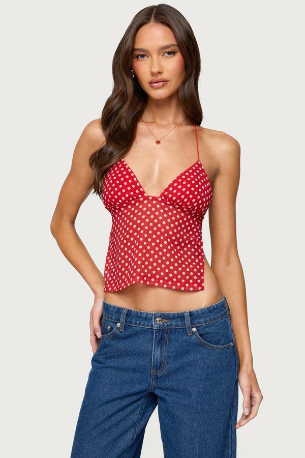 Edikted Polka Dot Backless Chiffon Top Red And White